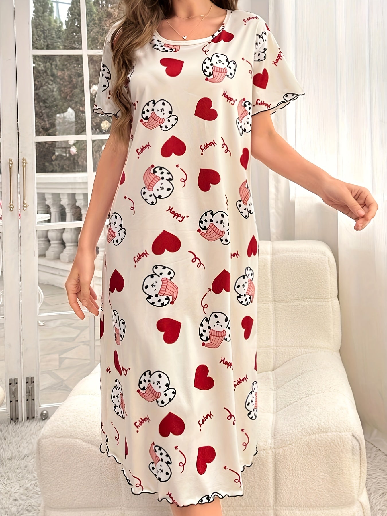 Women's Cozy Pajama Dress with Spotted Dog and Heart Print Short Sleeve Round Neck Soft Polyester Blend