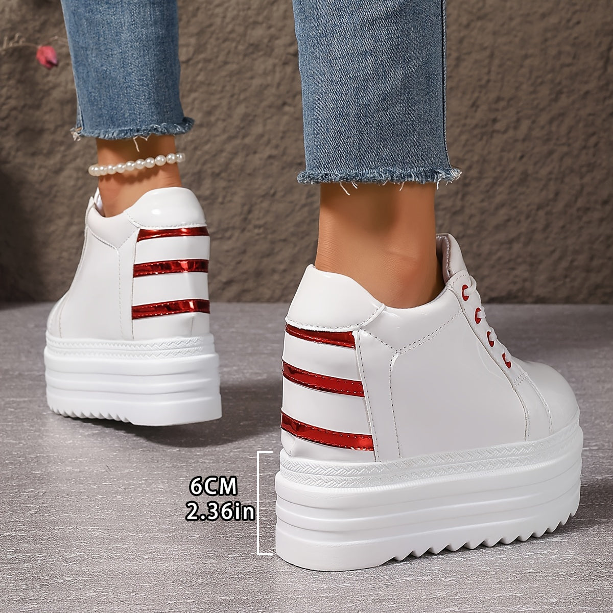 Women's White Platform Sneakers with Thick Sole and Lace-Up