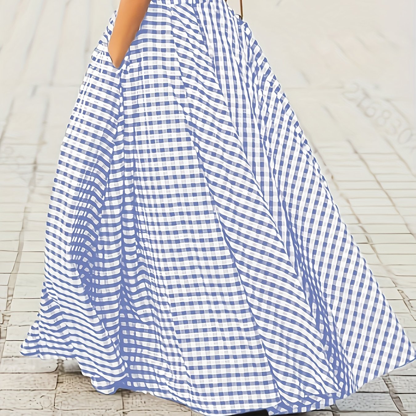 Women’s Plaid Maxi Skirt High Waist Flared Pockets Summer Blue and White