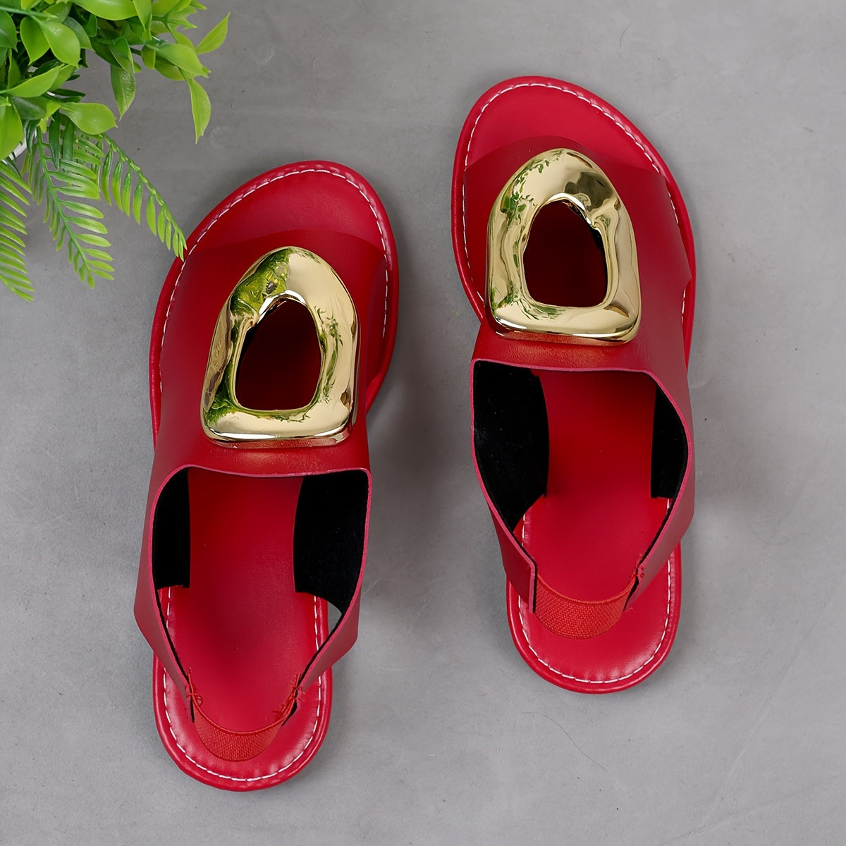 Women's Summer Sandals Open Toe Flat Heel Slip-On with Metallic Buckle