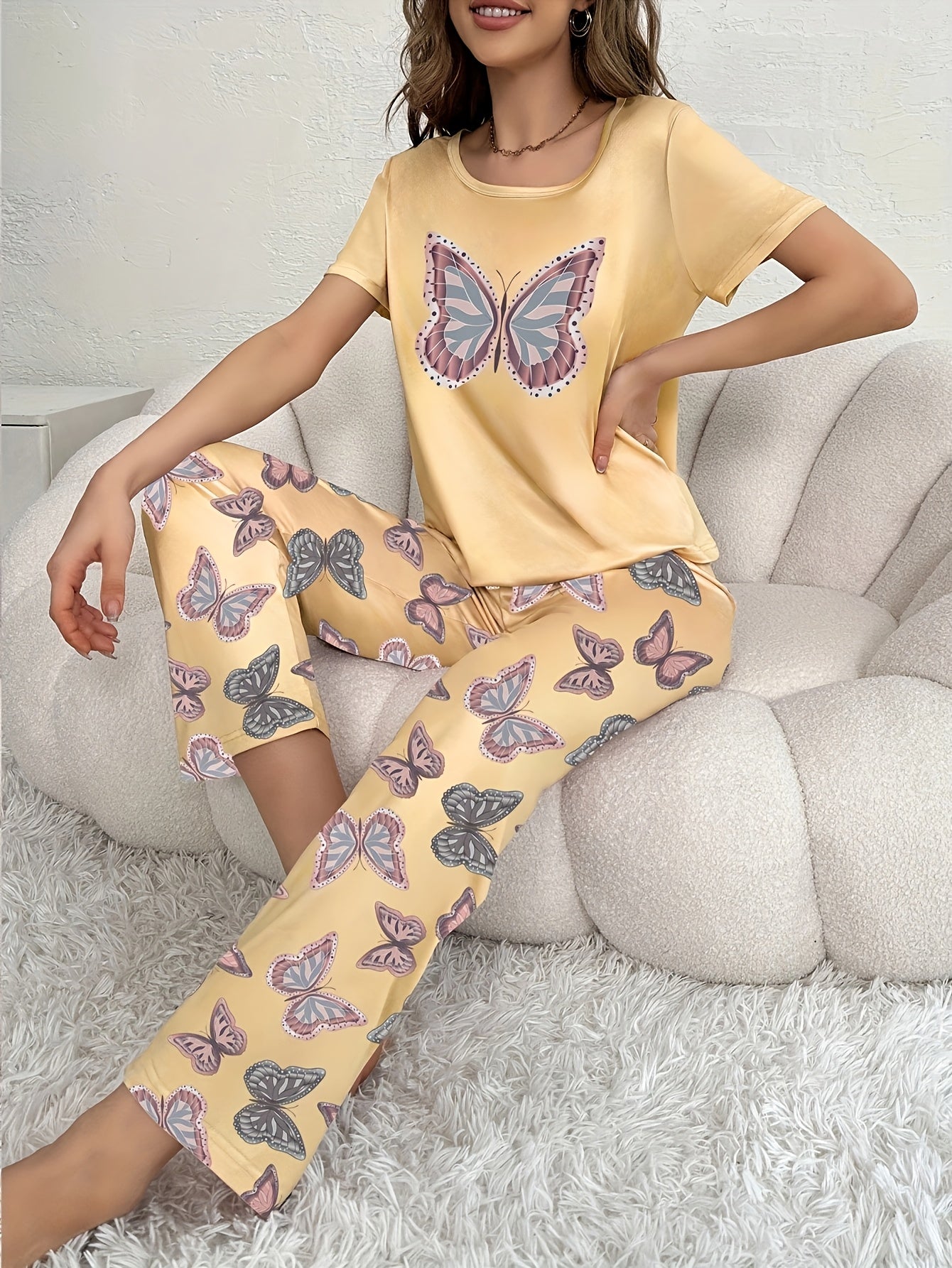 Conjunto de pijama de mariposa para mujer, poliéster, de punto, para todas las estaciones, ropa de dormir para adultos