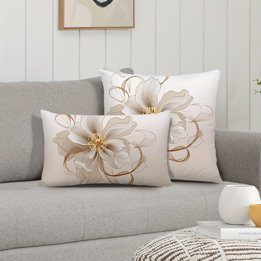 Two-Piece Large Flower Gauze Pillow Covers Coffee and Golden Peach Velvet