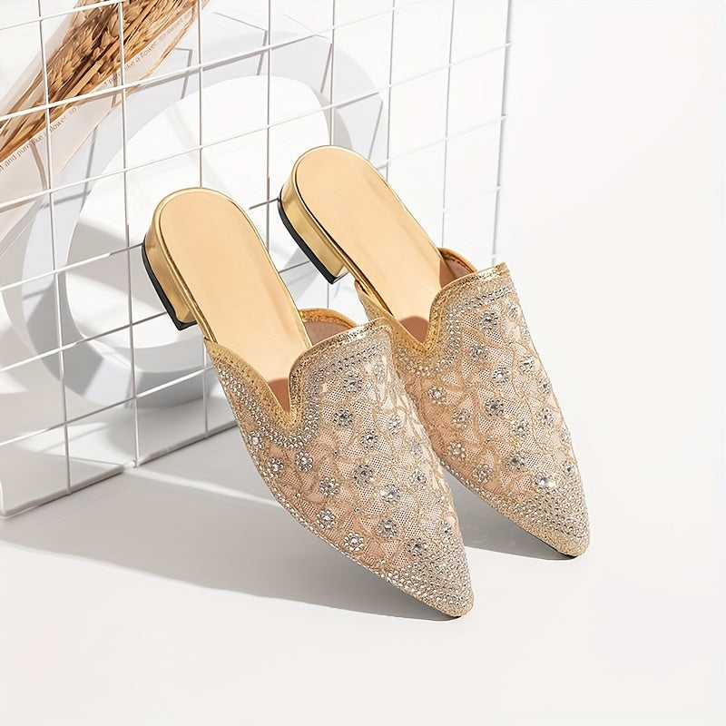 Women's Metallic Rhinestone Pointed Toe Chunky Heel Mules Shoes