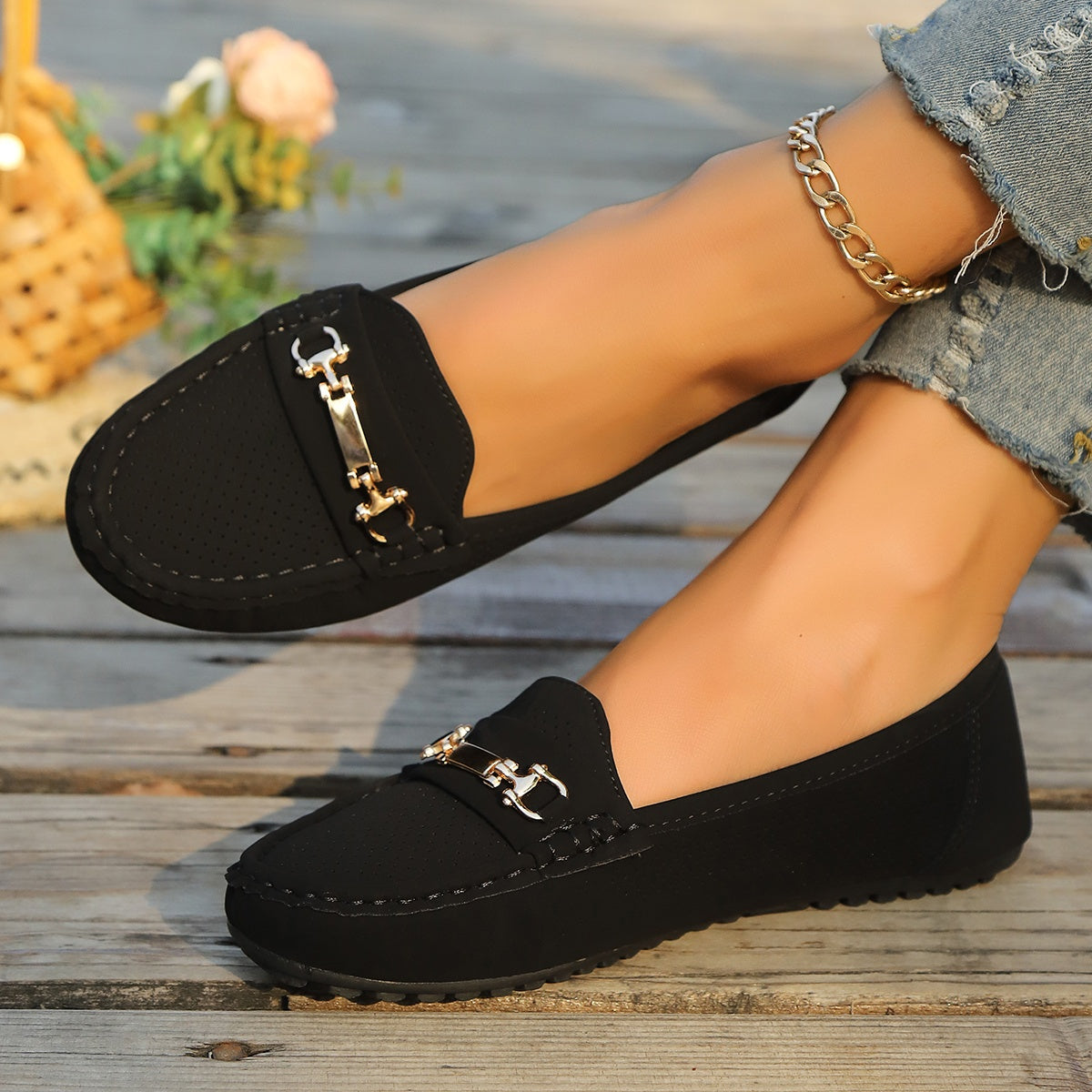Women Slip-On Loafers Black Comfortable Casual Flat Shoes All-Season