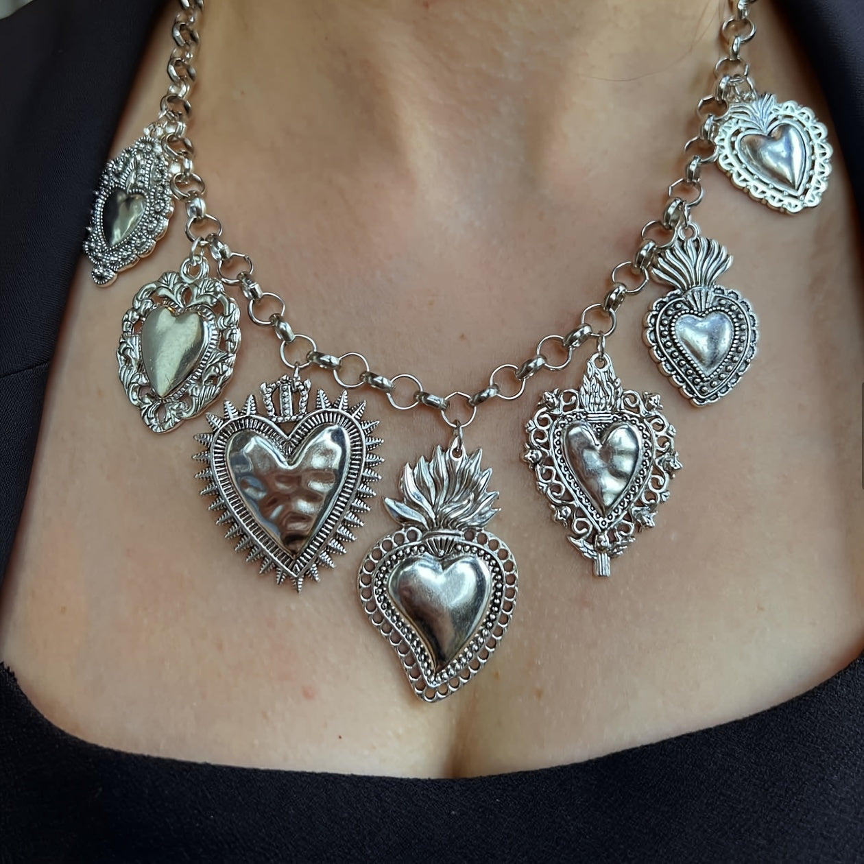 Women's Silver Chain Necklace with Sacred Heart Pendants Vintage Design