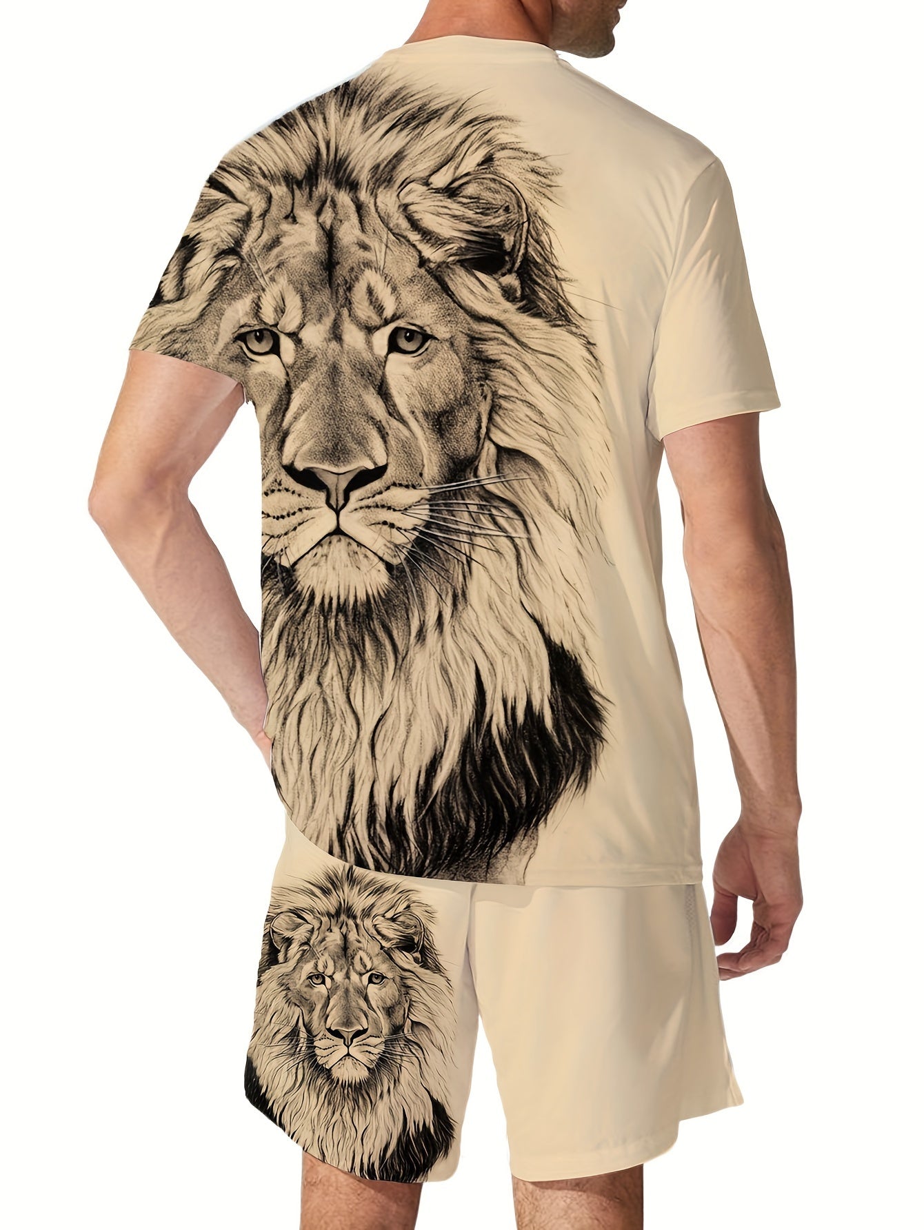 Men's Plus Size Lion Print T-Shirt and Shorts Set Summer Casual Knit Fabric