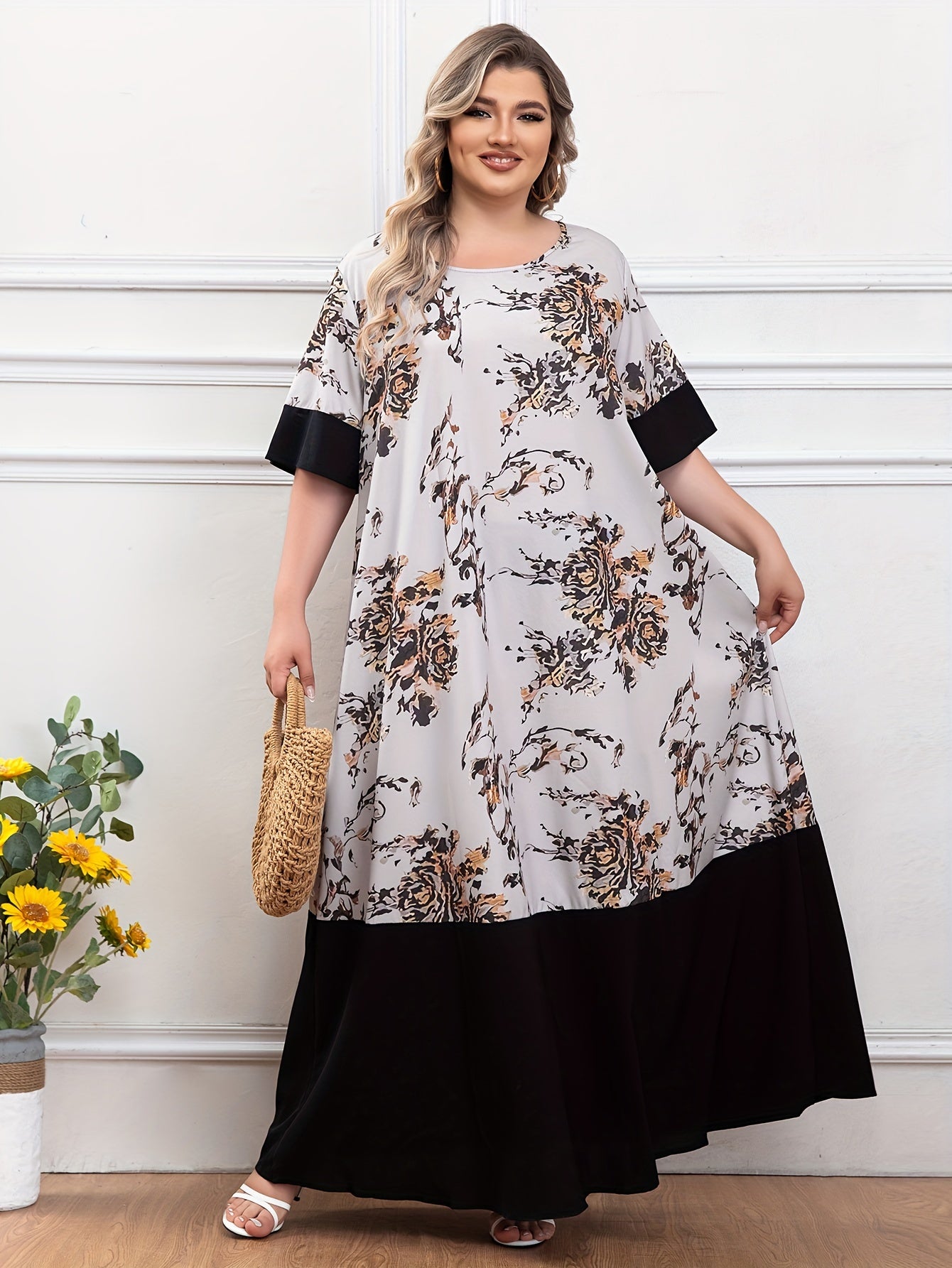 Plus Size Floral Print Dress Short Sleeve Crew Neck Longline Summer Women's Clothing