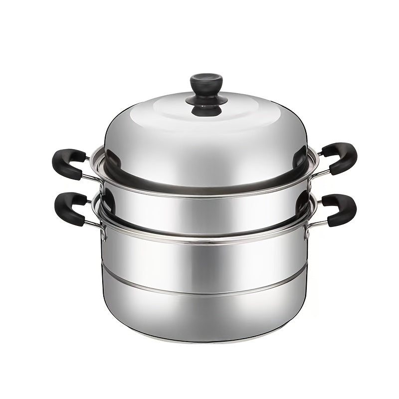 Ko'p qavatli zanglamas po'latdan yasalgan ikki qozon va bug'li idish, magnit qopqoq va ikki tutqichli dizayn bilan, oshxonada sog'lom ovqat tayyorlash uchun ideal