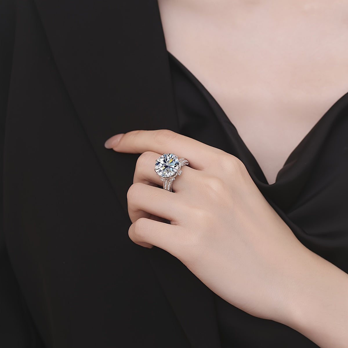 Anillo de compromiso de moissanita de 10ct para mujer, plateado, hipoalergénico, diseño de estrella, pavé