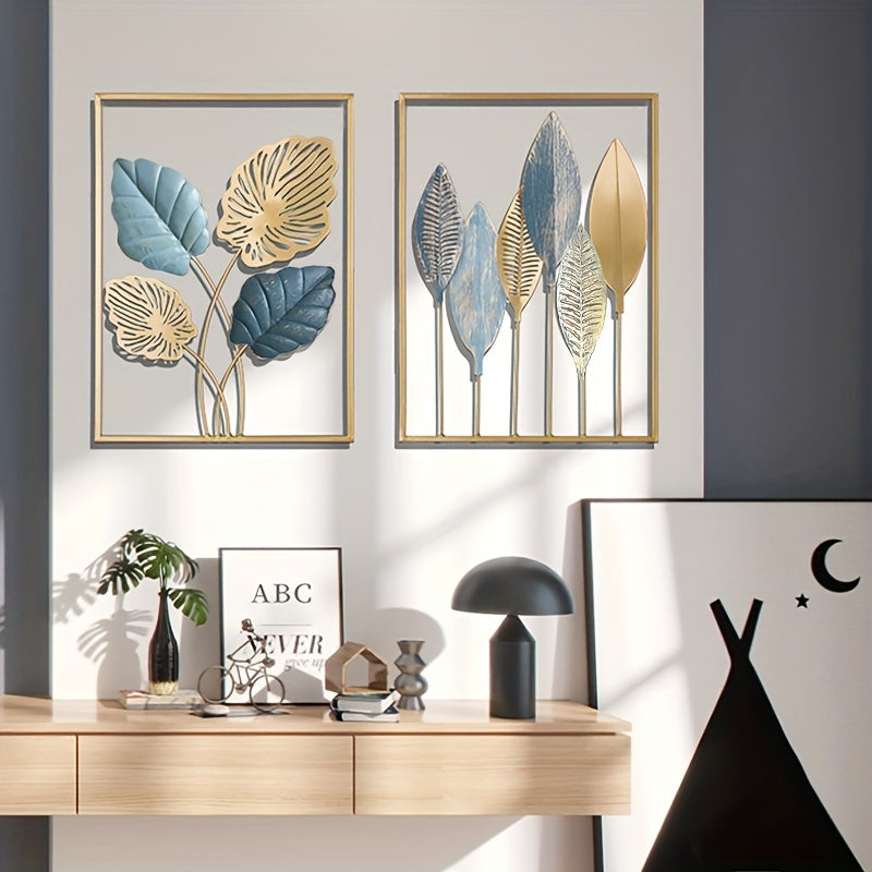 Minimalist Gold Metal Wall Decor Set 43.94x29.97cm Leaf Wall Art for Living Room Bedroom