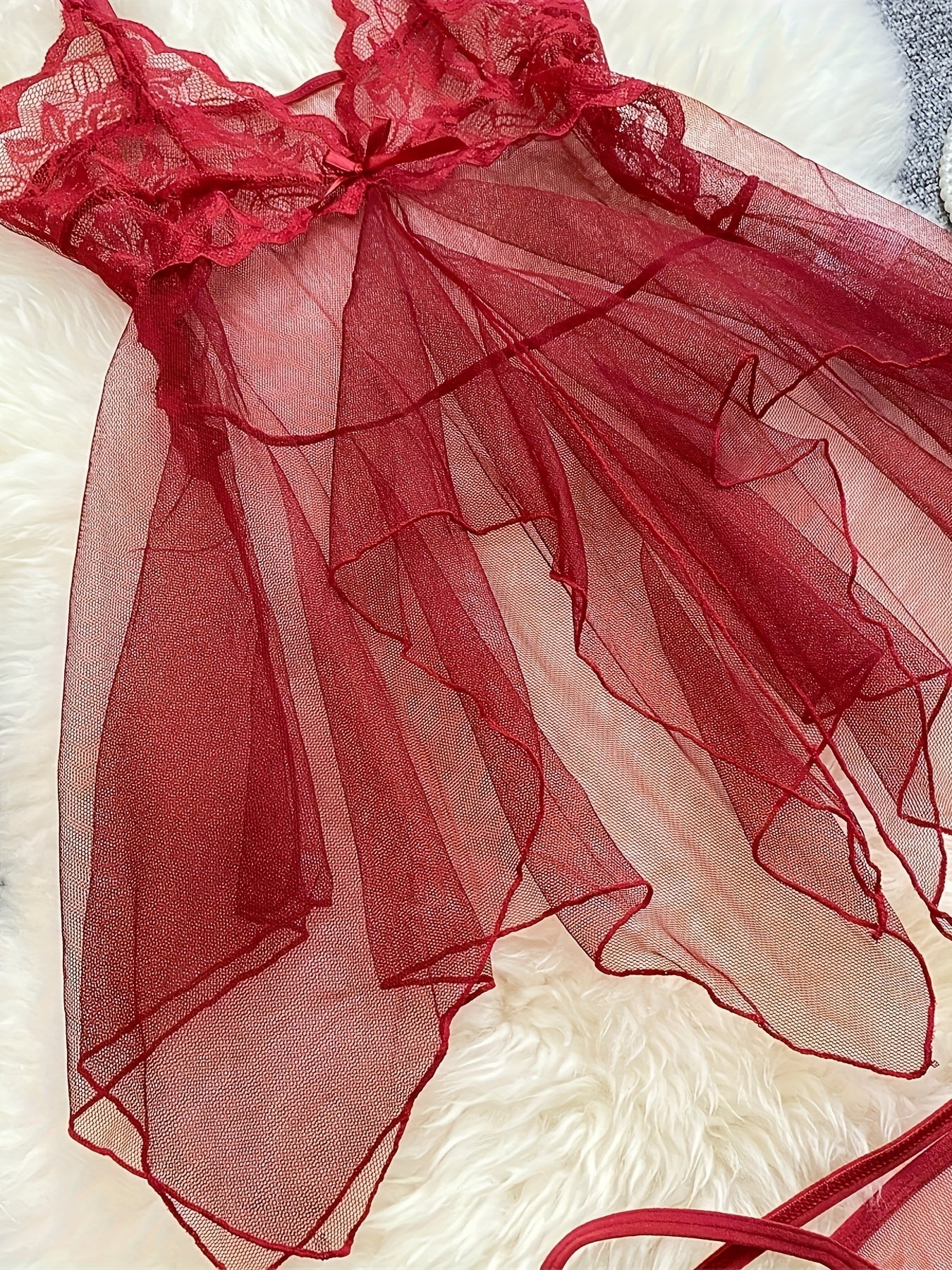 Women's Sheer Lace Lingerie Set with Bow Cami Dress and Thong