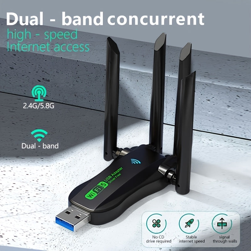 Dual-Band Wi-Fi Adapter 1300Mbps USB 4 Antennas Wall Penetration Low Latency