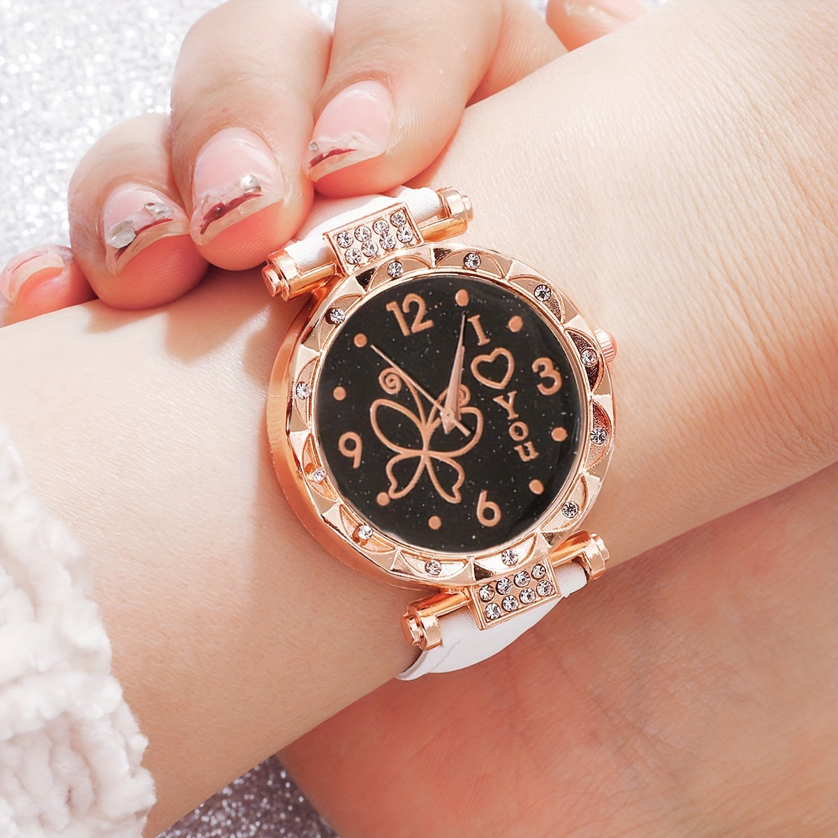 Women's Butterfly Quartz Watch and Jewelry Set with Faux Leather Strap and Zinc Alloy Case