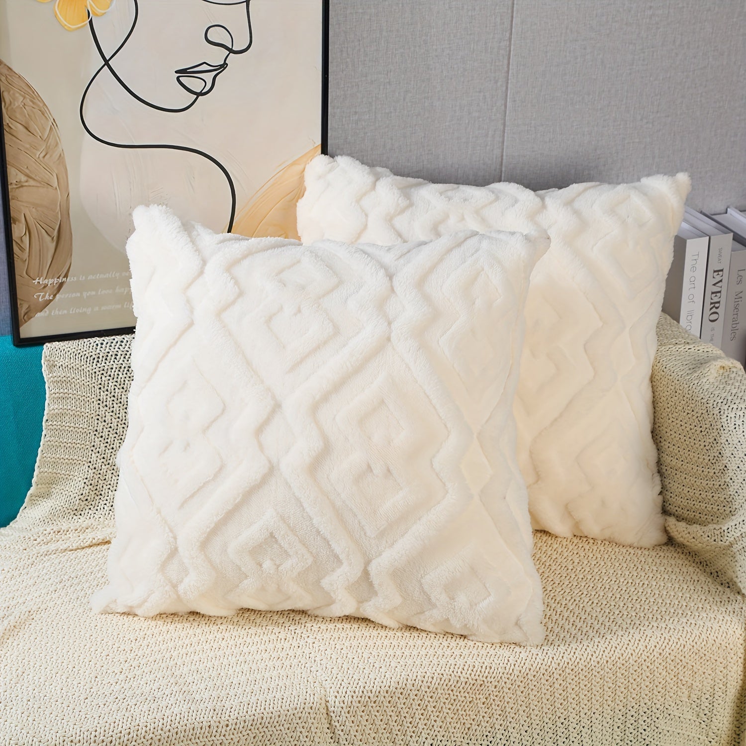 Plush Faux Wool Velvet Pillow Cover Cream Beige Geometric Zippered Decor