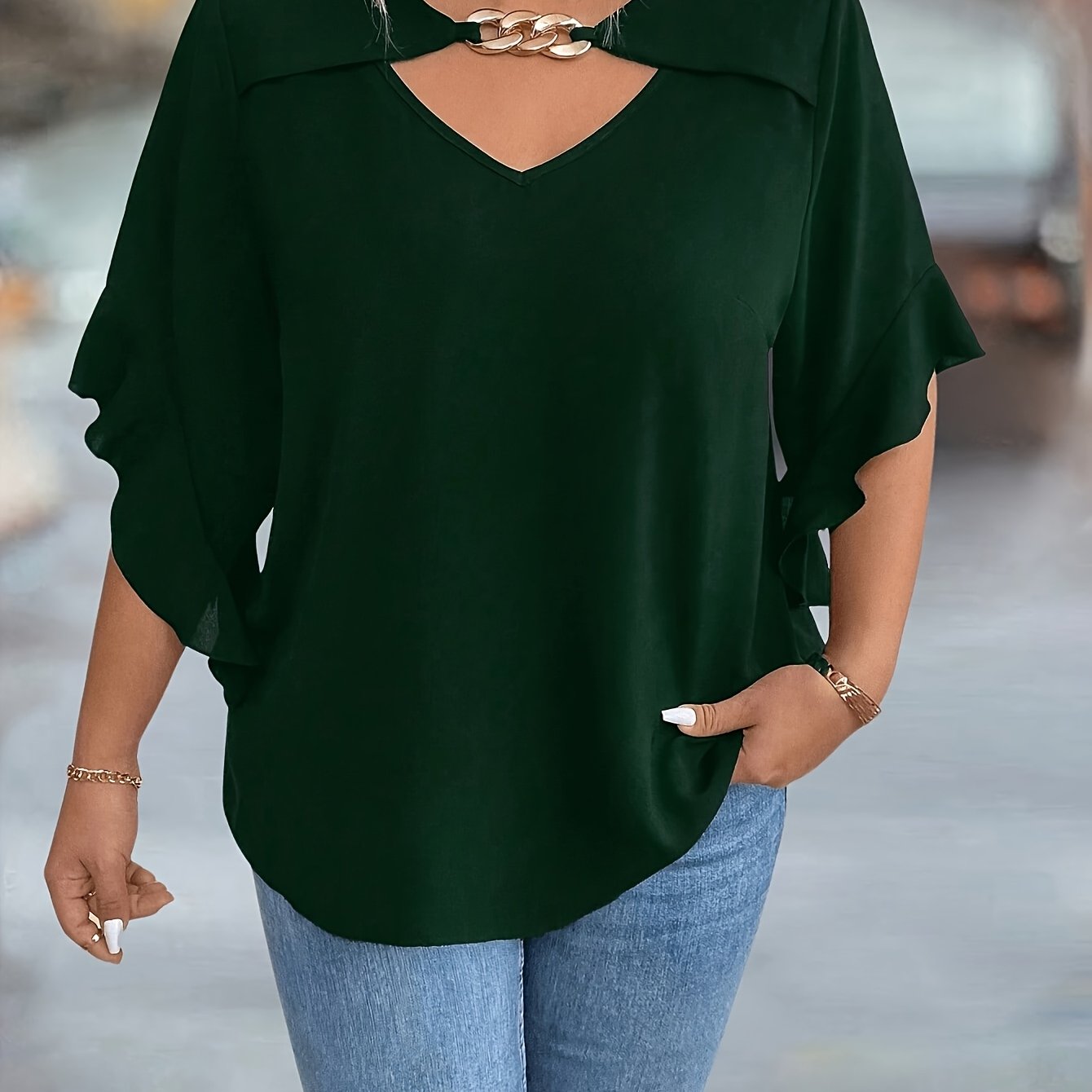 Plus-Size Black V-Neck Women's Top Polyester Spring Summer Shirting