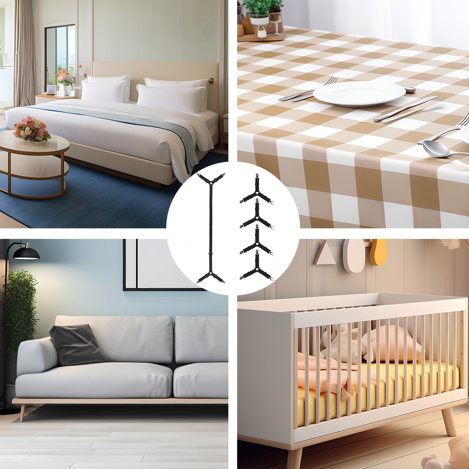 5-Piece Bed Sheet Clips Set with Elastic Cushion Covers and Fastening Belts