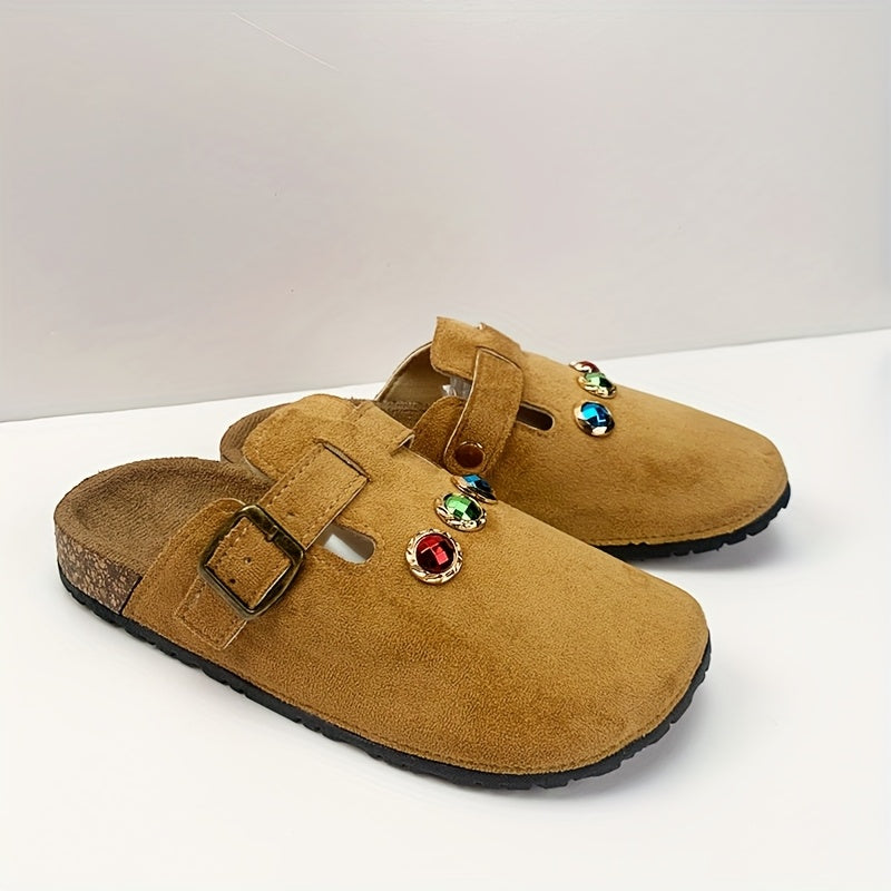 Women's Slip-On Mules Fabric Casual Loafers with Adjustable Straps and Gemstone Accents