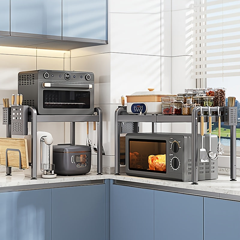 Retractable Microwave Oven Rack Carbon Steel Metal Kitchen Countertop Storage Gray White