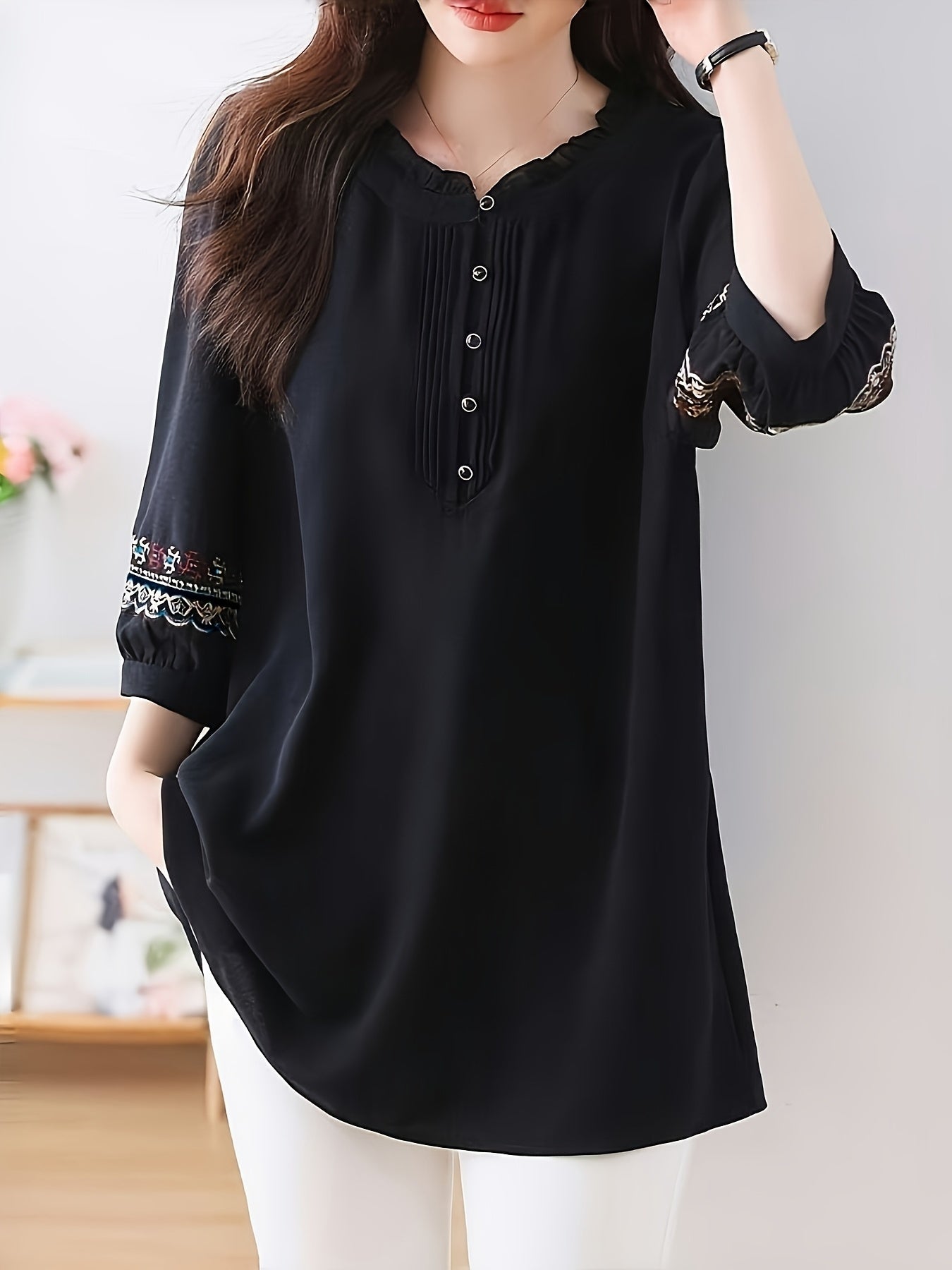 Блузка больших размеров с вышивкой для женщин свободного кроя с круглым вырезом и рукавом 3/4