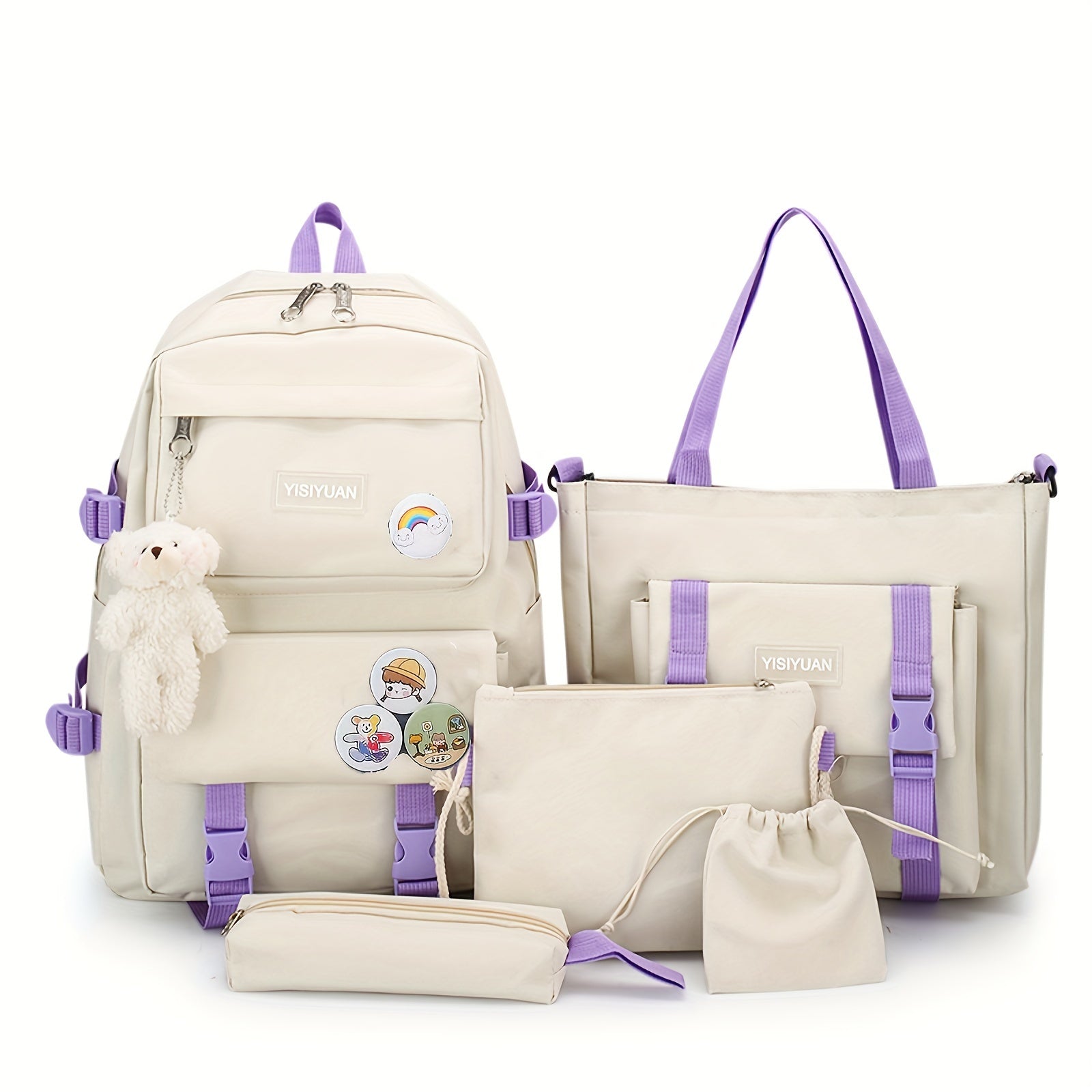 Women's Oxford Fabric Campus Backpack Set with Badge Pendant in Multiple Colors