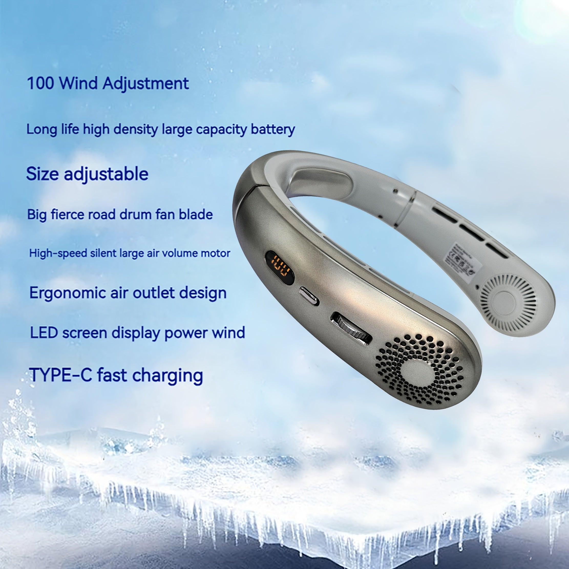 Adjustable USB Neck Fan with LED Display, Silent Operation, 100-Speed Control