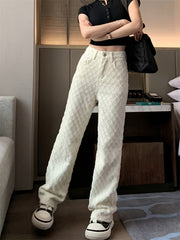 Women's Beige Textured Fabric Straight Leg Jeans with Slash Pockets