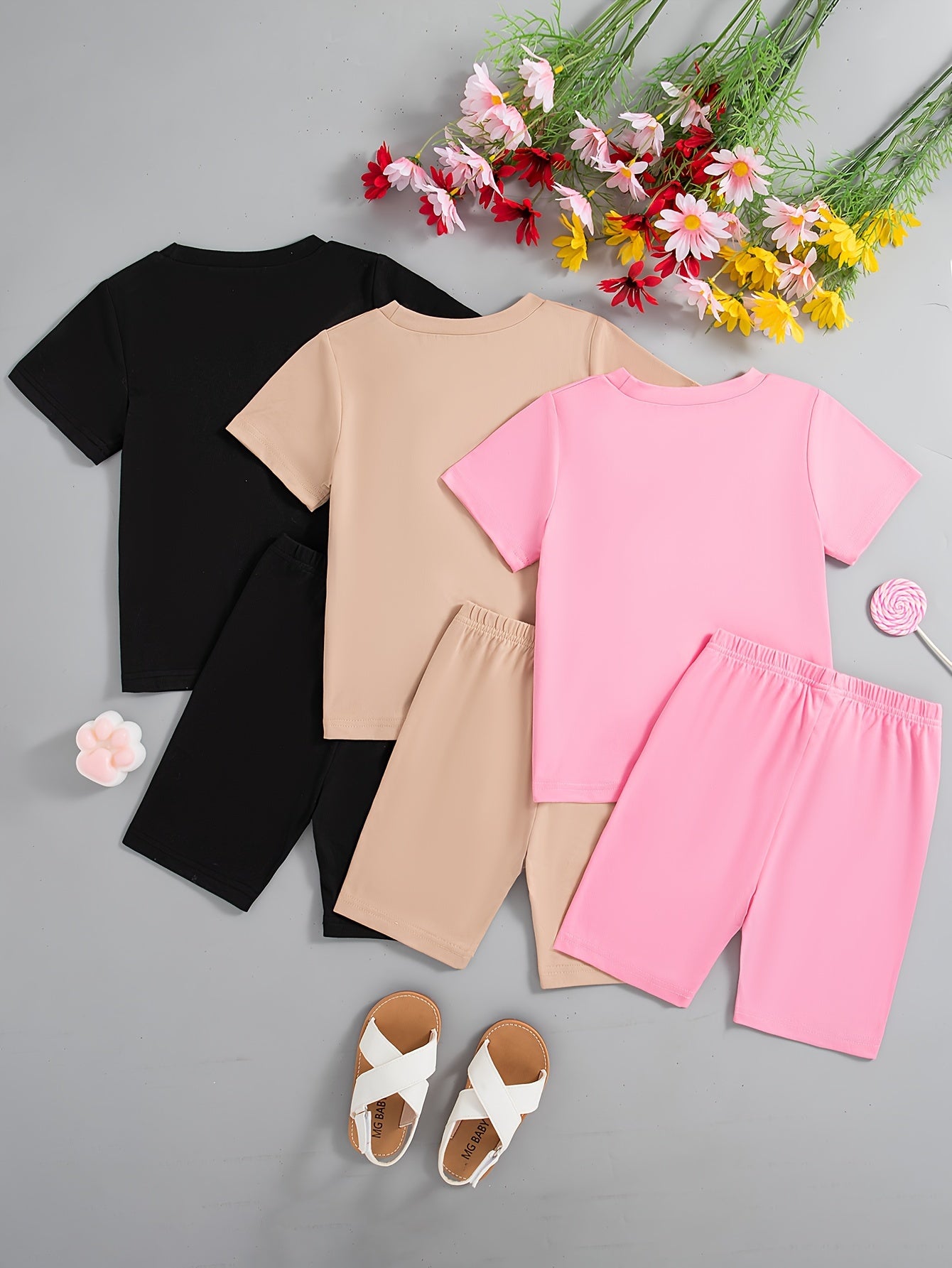 Детский летний комплект из 3 предметов с принтом кота из мультфильма для девочек: футболки и шорты