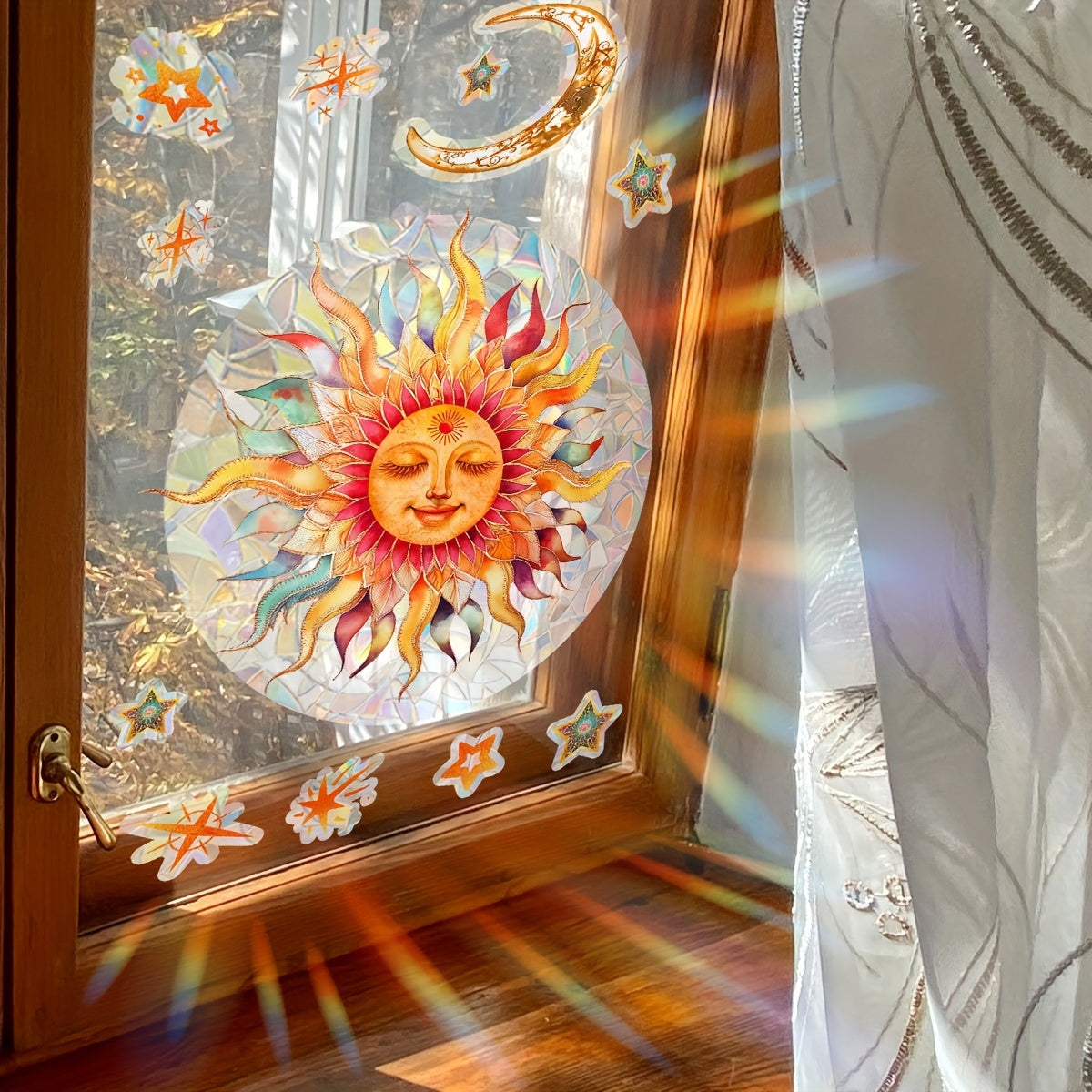 Double-Sided Sun Star Window Sticker, Colorful Static Glass Decal, 20cm