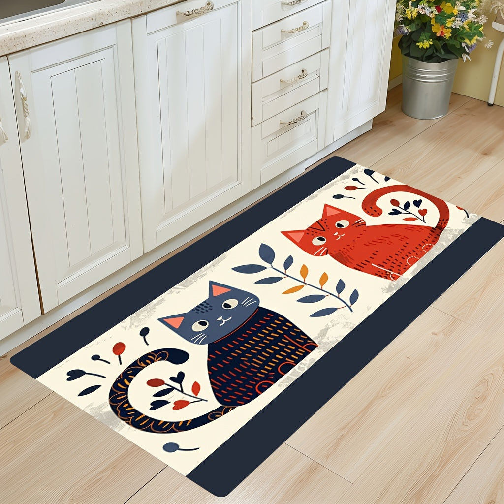 Cat Print Doormats Set Waterproof Non-Slip Polyester for Kitchen Living Bathroom