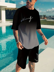 Men's Ombre Casual Suit Set with T-Shirt and Shorts for Summer Vacation and Exercise