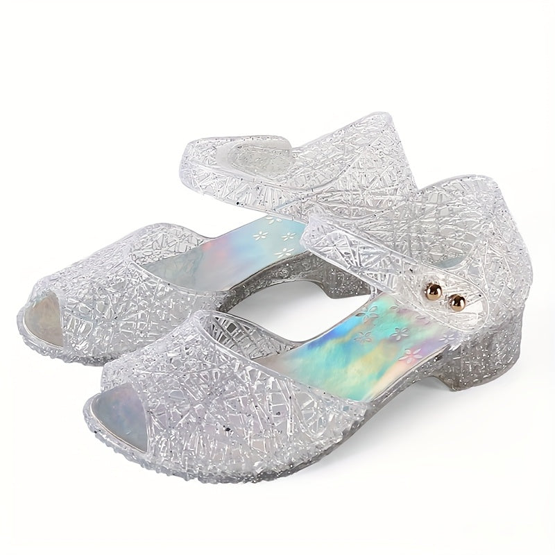 Girls' Sparkling Blue Crystal Sandals Mid Heel Breathable PVC for Parties and Daily Wear