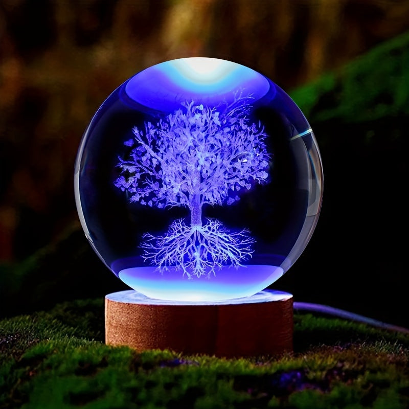 Tree of Life Crystal Ball Night Light Engraved 3D Glass Plant Decor Gift