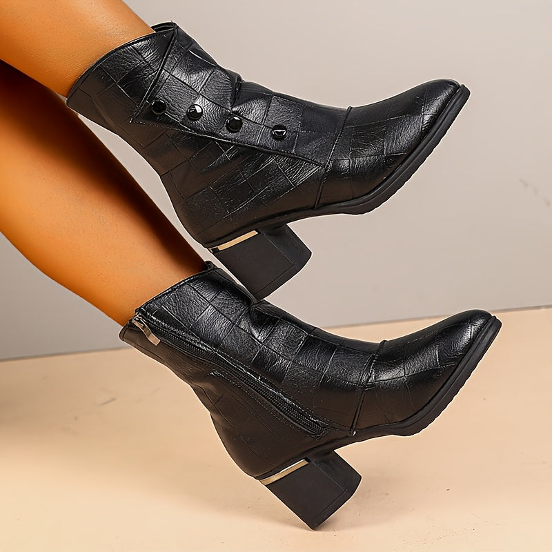 Women's Fleece-Lined Mid-Calf Ankle Boots with Block Heel in Black and Brown