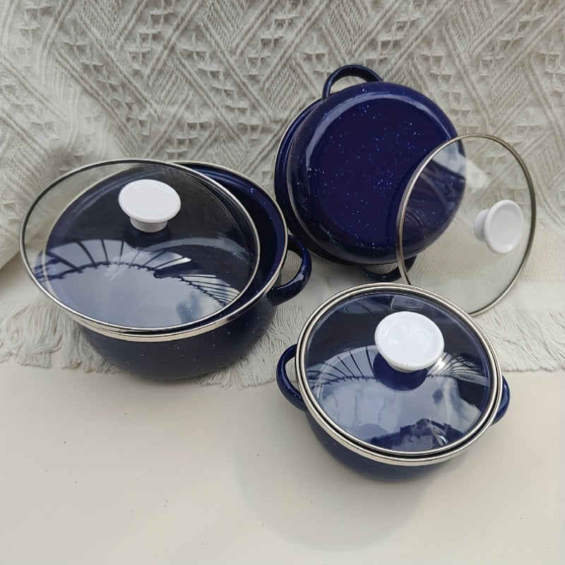 Enamel Cookware Set Includes 3 Mini Pots 12/14/16cm Solid Color Speckled Design