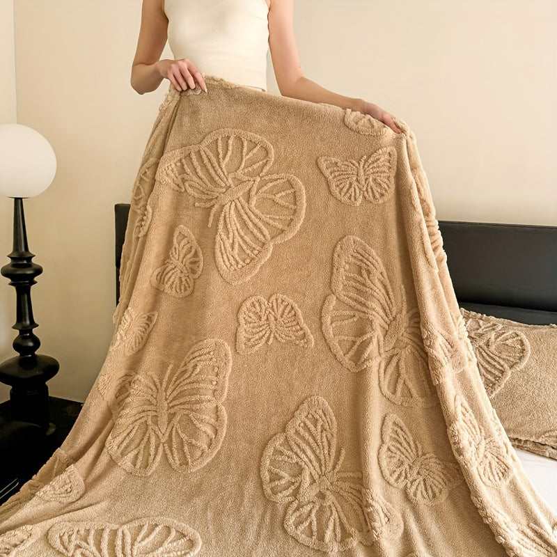 Double-Sided Fleece Blanket Solid Color 3D Butterfly Design for Bed Sofa Travel