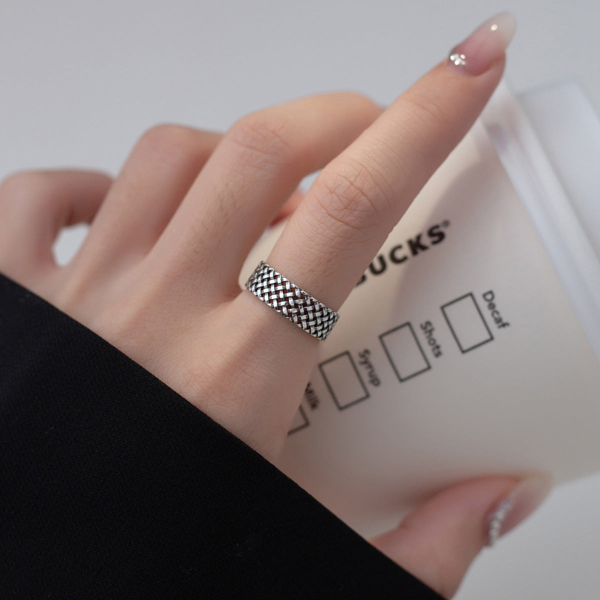 Винтажное кольцо из стерлингового серебра с клетчатым плетёным широким лицевым элементом для женщин