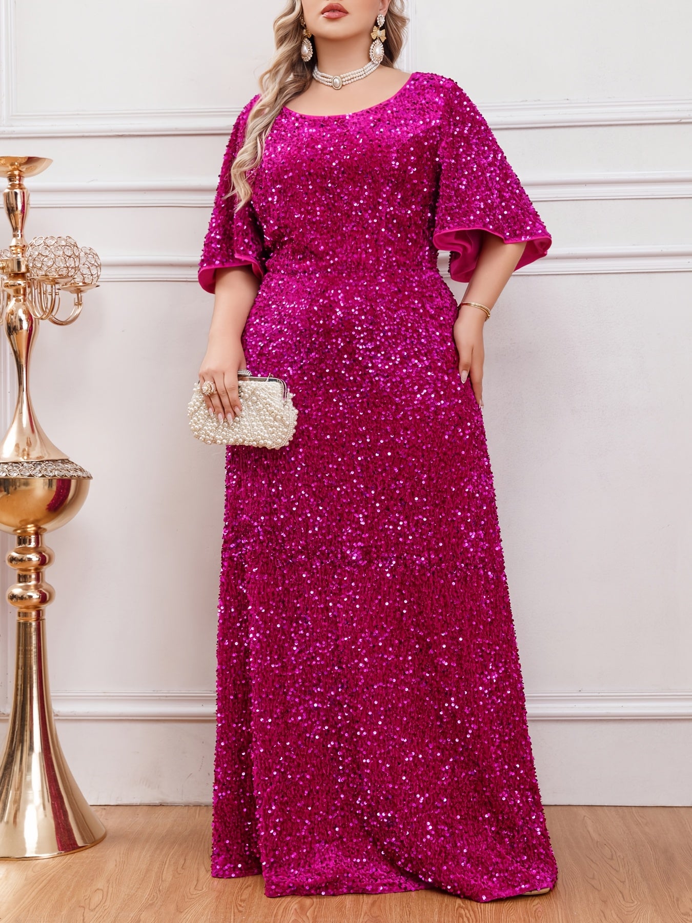 Plus Size Sequin Maxi Dress with Ruffle Sleeves for Weddings and Formal Events