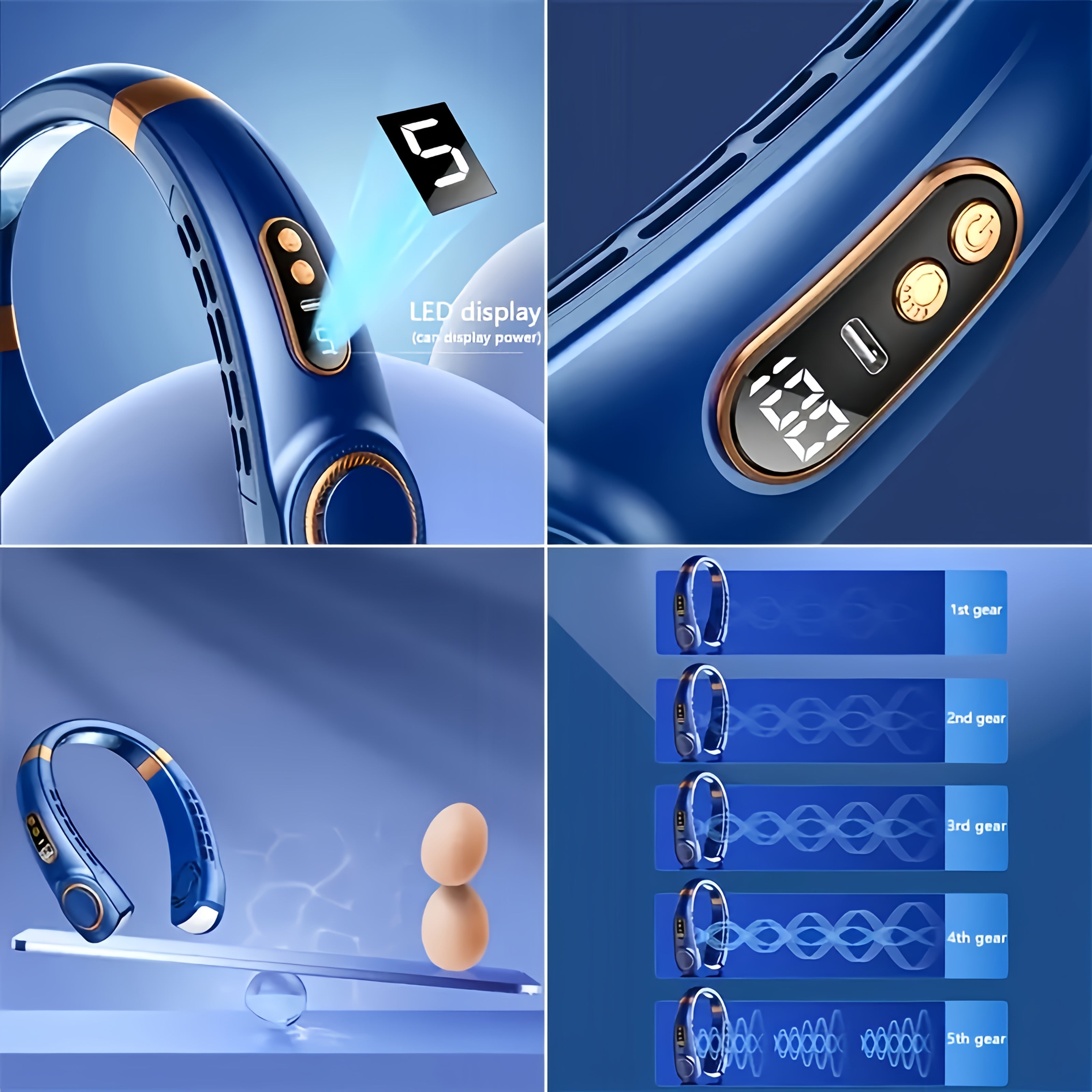 Mini Neck Fan with 5-Speed USB Charging, Colorful LED Lights, 360° Cooling for Outdoor Activities