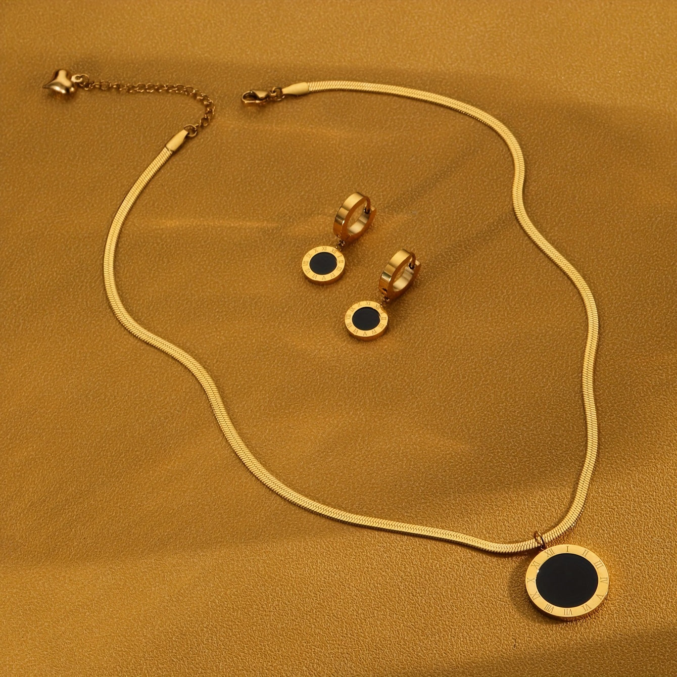 Roman Numeral Charm Necklace and Earrings Set in 18K Gold Plated Stainless Steel for Women