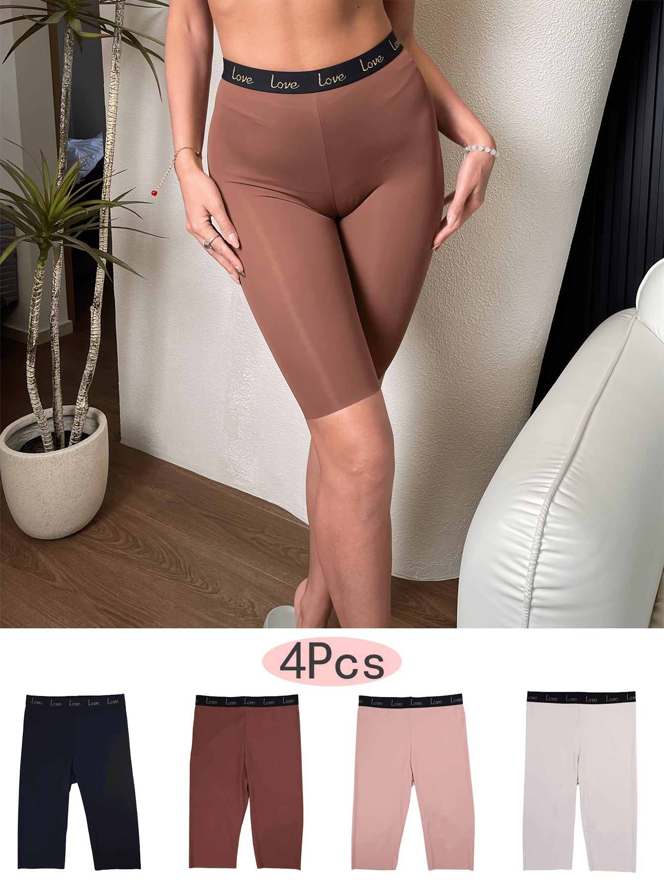 Women's Seamless Shaping Shorts High Support Stretch Comfort Letter Detail 4 Pack