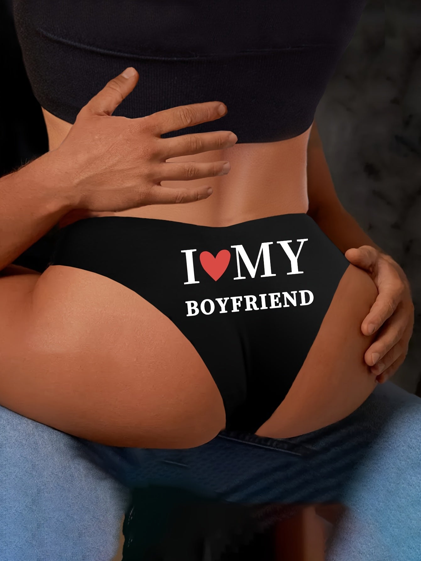 Women's Stretchy Lace Thong with "I Love My Boyfriend" Text for Valentine's Day