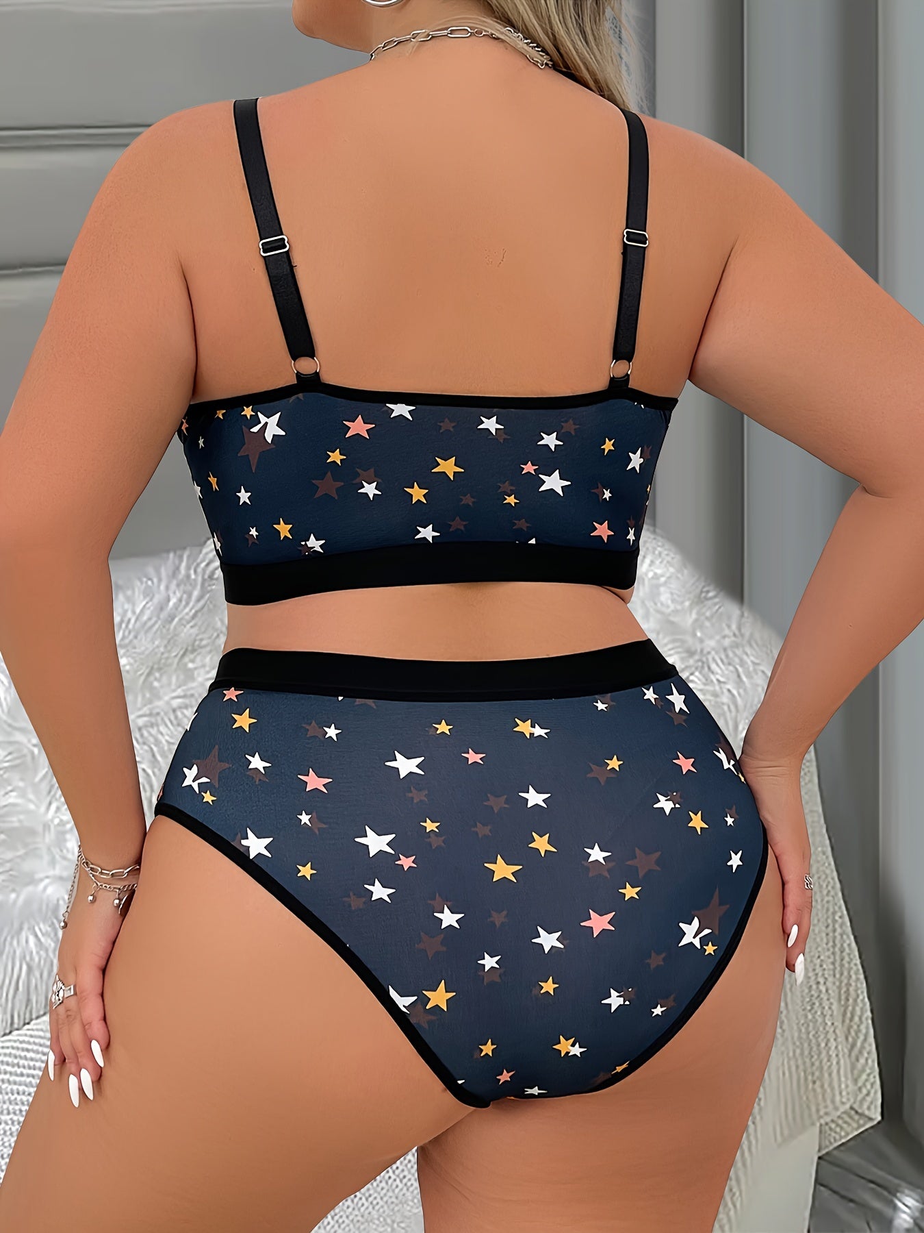 Conjunto de lencería de tallas grandes para mujer con estampado de estrellas, sujetador de encaje y braga, 2 piezas