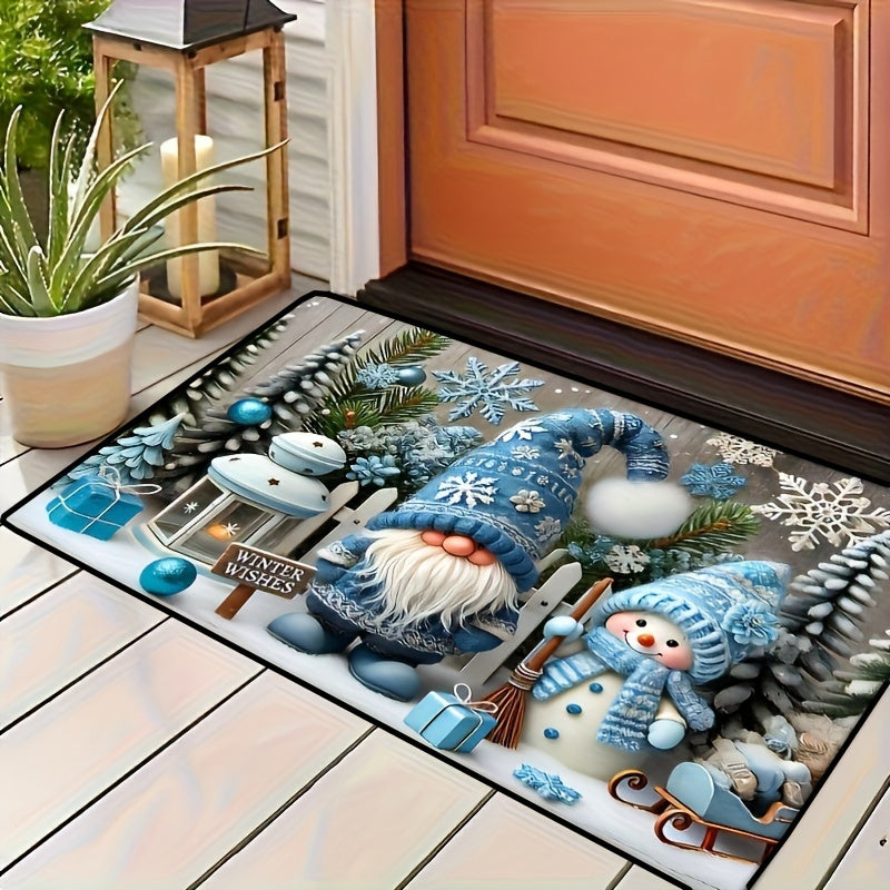 Alfombra de puerta de terciopelo de cristal con gnomo de Navidad azul para decoración de invierno en el hogar