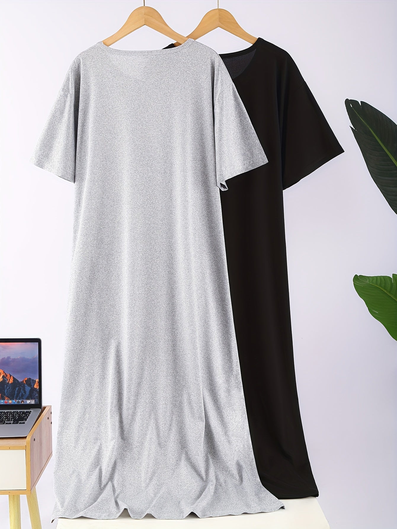 Women's Plus Size Sleep Dress Set, Short Sleeve, Solid Nightwear