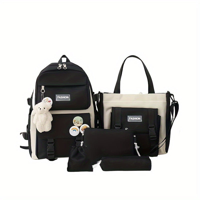 5ta qismli maktab sumkasi to'plami o'smirlar va bolalar uchun Oxford sumkasi, mo'ynali ayiqcha tanga hamyoni, qalam sumkasi va chizilgan sumka, ko'k bej