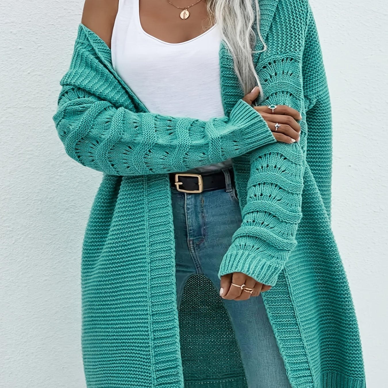 Plus o'lcham uzun kardigan ayollar uchun, bir rangli, ochiq oldi, kundalik, kuz va qish uchun