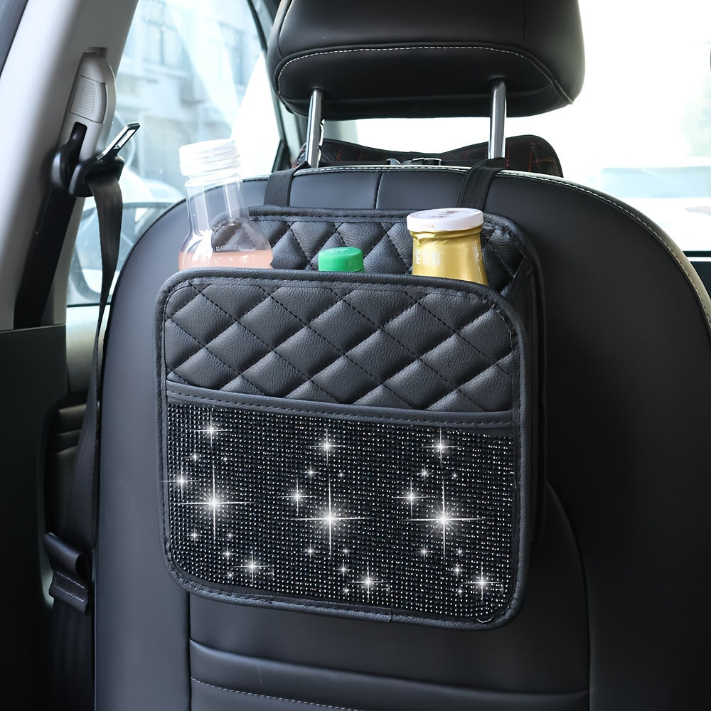 Organizador trasero para asiento de coche, bolsa de almacenamiento de cuero PU brillante para vehículos, negro