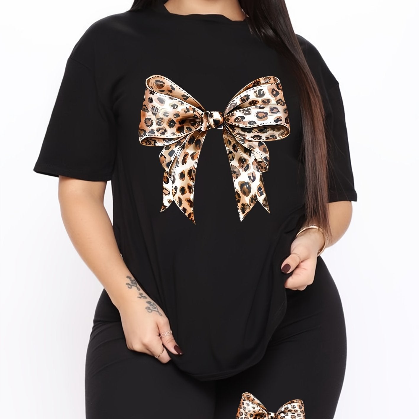 Plus Size Women's Leopard Print Bowknot Casual Sportswear Set