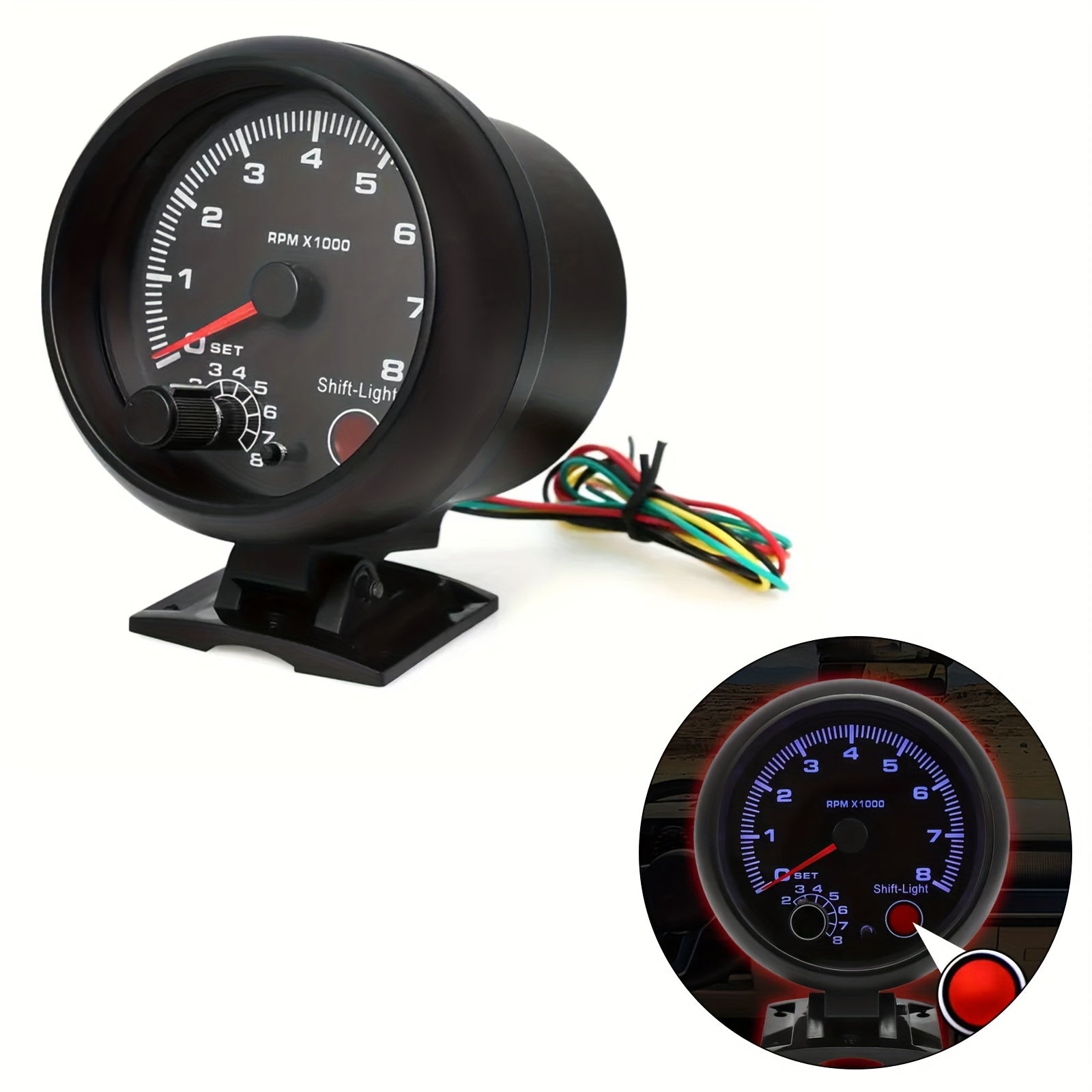Black Tachometer Gauge 9.53cm 0-8000 RPM with Blue Shift Light for Cars