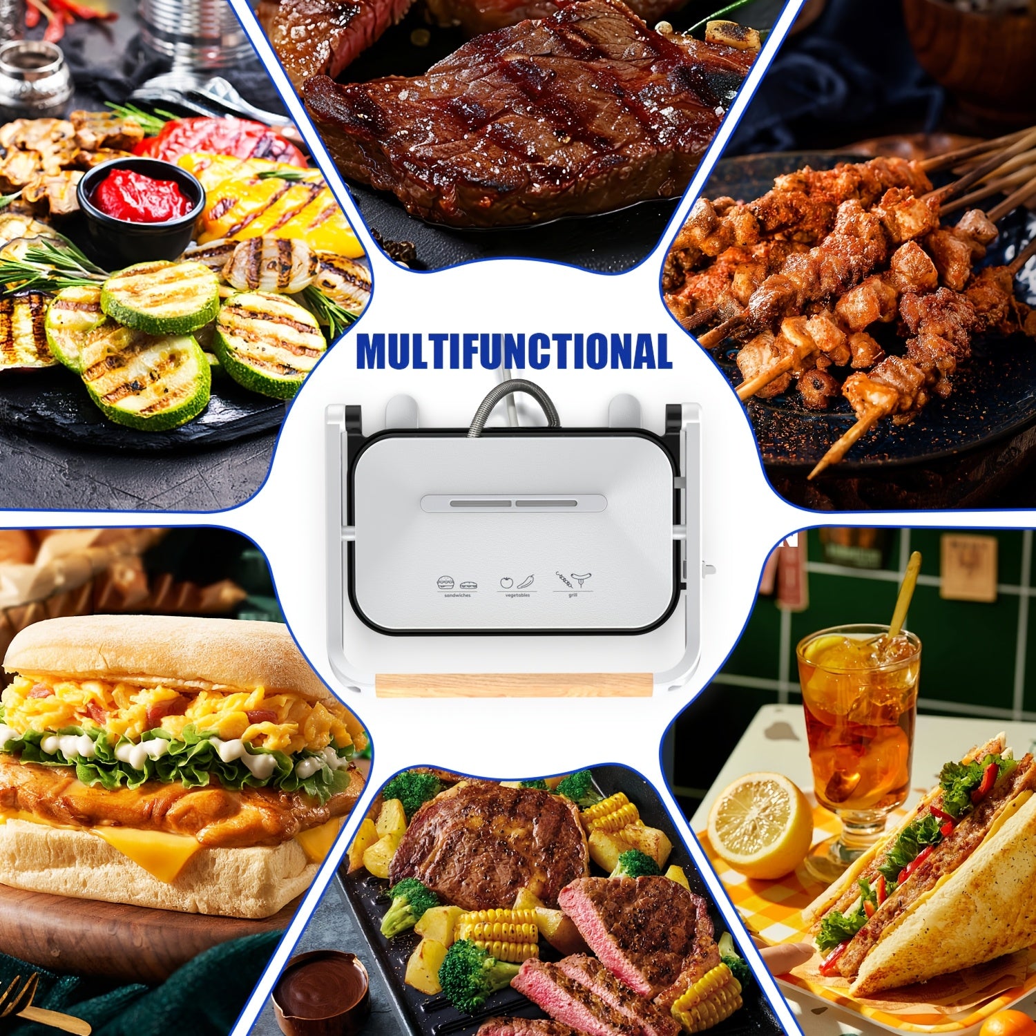 Антипригарный контактный гриль и пресс для панини с запирающейся крышкой, квадрат 25 см, регулируемая температура